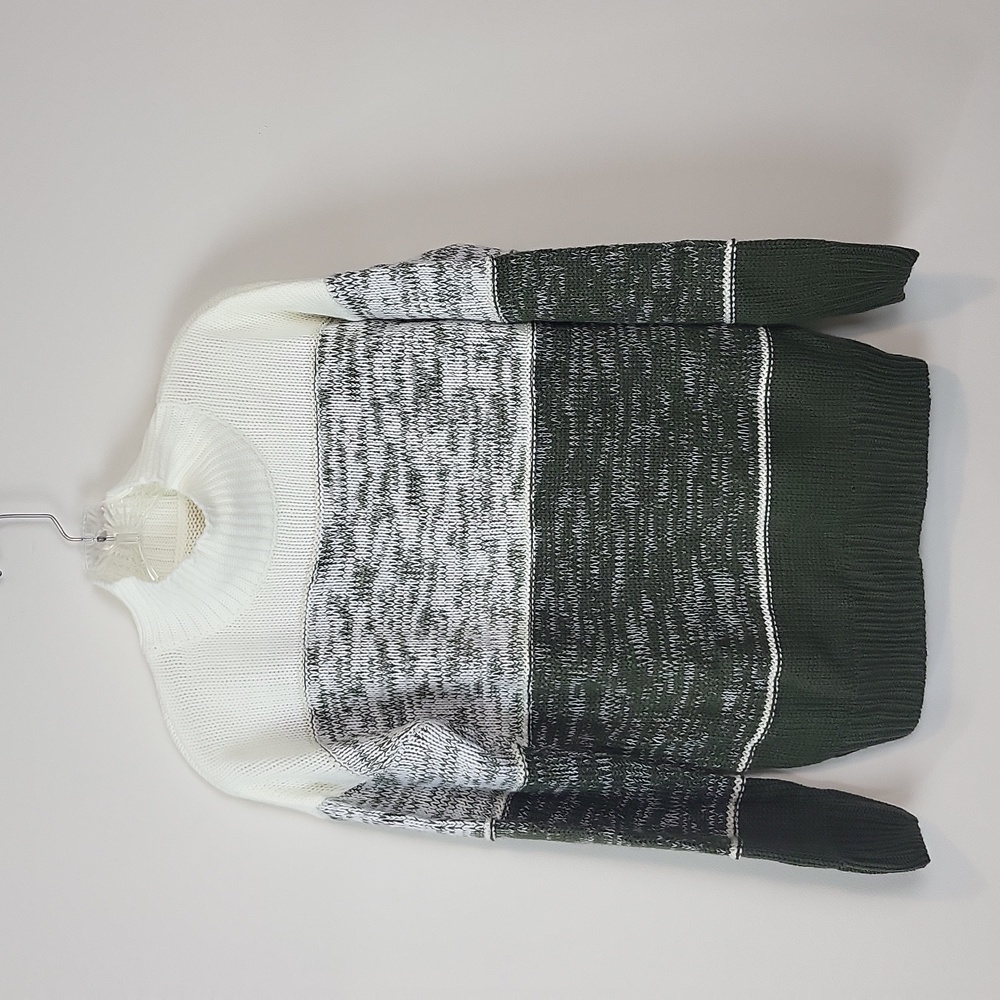 Green Color Block Mock Neck Long Sleeve Sweater